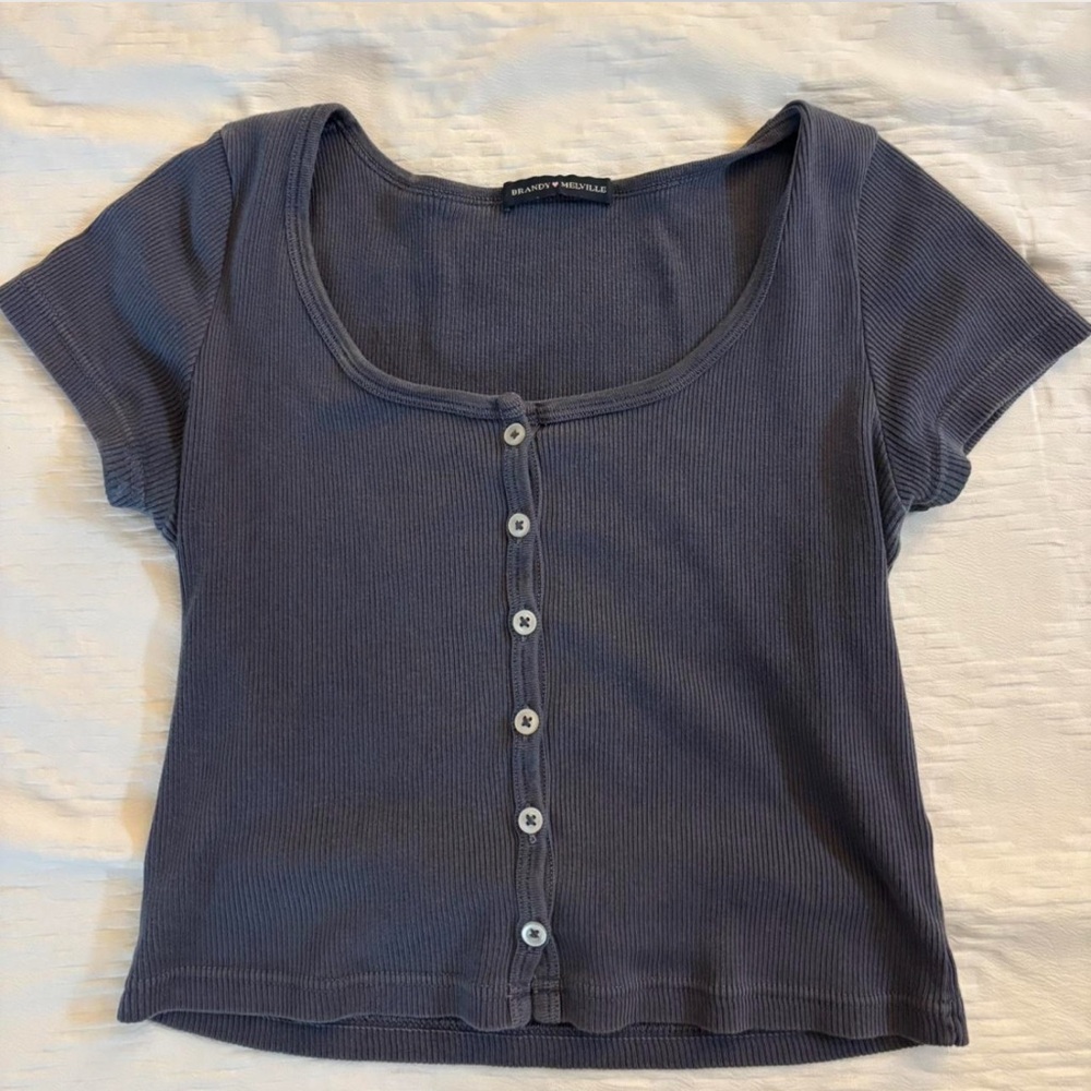 Brandy Melville Gray Short Sleeve Button Down Crop Top